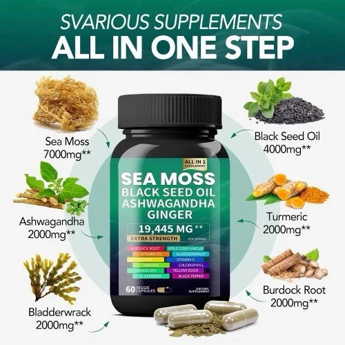 Sea Moss 7000mg Black Seed Oil 4000mg Ashwagandha 2000mg Turmeric 2000mg Bladder
